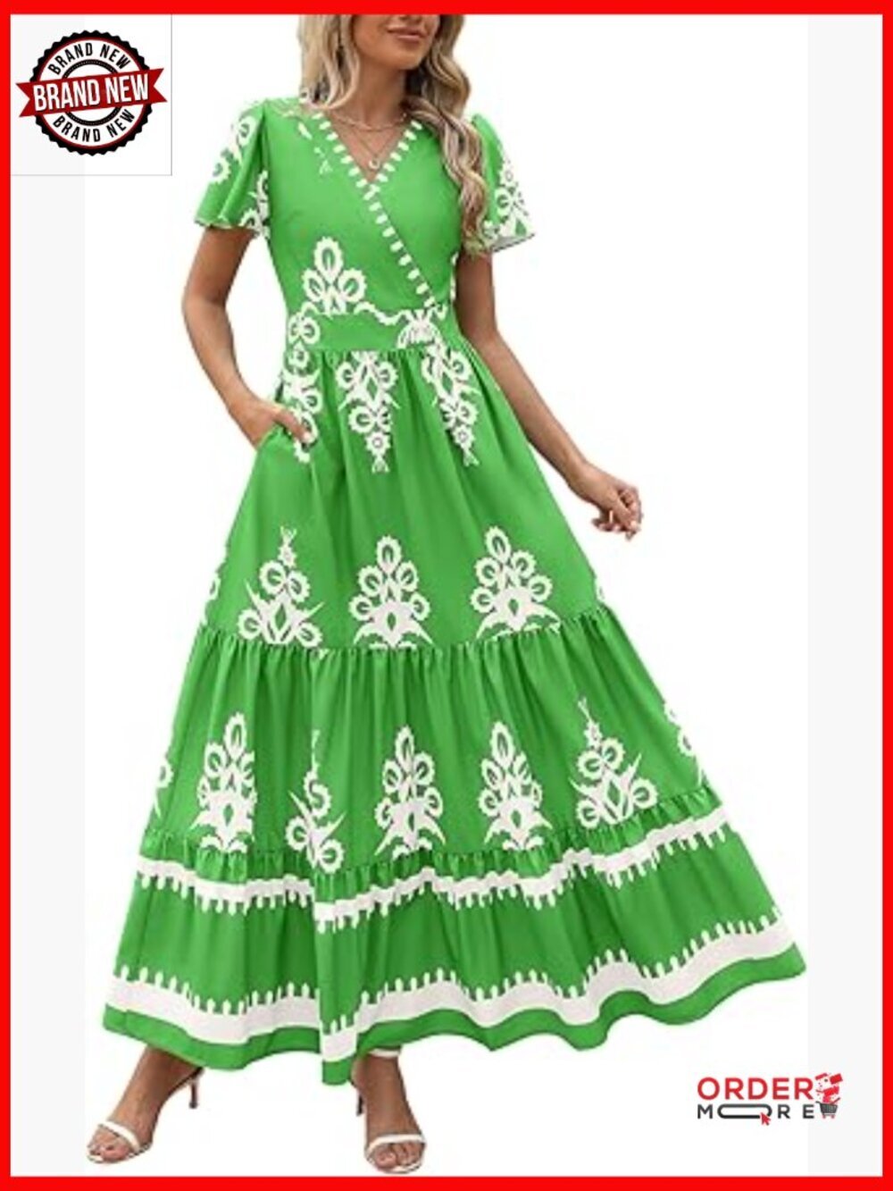 V Neck Boho Maxi Dress Bell Sleeve Tiered Flowy Pocket